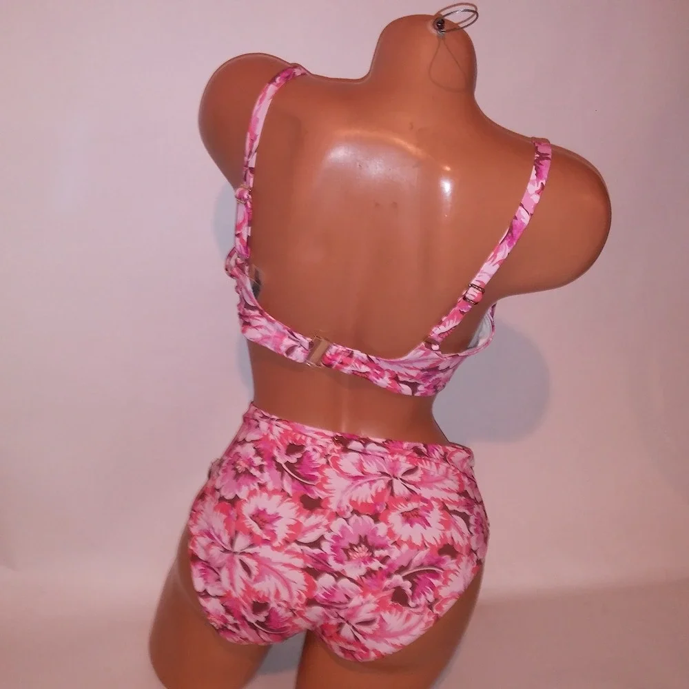 Victoria Secret Swim Bikini 34D Top Small Bottom Pink Floral Push Up Underwire